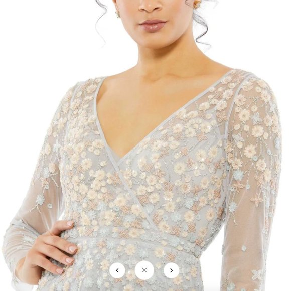 MAC DUGGAL 9131 FLORAL APPLIQUE LONG SLEEVE SURPLICE PLATINUM GOWN SZ 14 - Picture 4 of 6